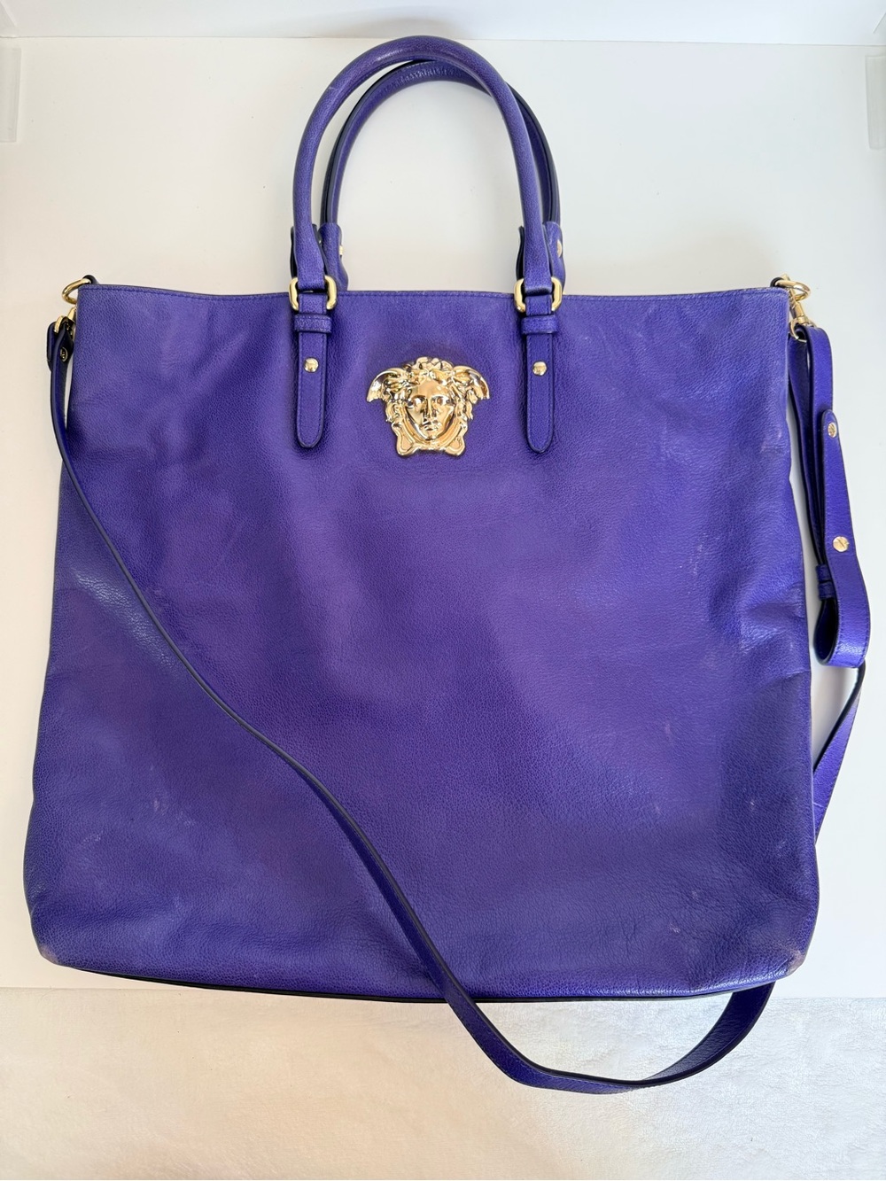 Versace Purple Leather Two Way Tote with Gold Medusa Accent